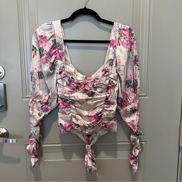For Love & Lemons Palais Floral Crop Top Size Small Pink Long Sleeve - Picture 3 of 9